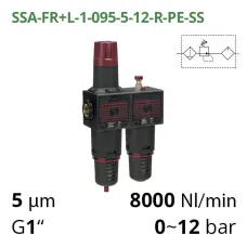 Блок підготовки повітря 1/2", 1500 л/хв, 12 бар, 5мкм - 20мкм Aircomp (серія 052) SSA-FR+L-1/2-052-5-12-R-PE-SS