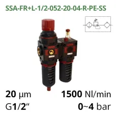 Блок підготовки повітря 1/2", 1500 л/хв, 12 бар, 5мкм - 20мкм Aircomp (серія 052)  SSA-FR+L-1/2-052-20-04-R-PE-SS