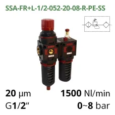 Блок підготовки повітря 1/2", 1500 л/хв, 12 бар, 5мкм - 20мкм Aircomp (серія 052) SSA-FR+L-1/2-052-20-08-R-PE-SS