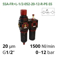Блок підготовки повітря 1/2", 1500 л/хв, 12 бар, 5мкм - 20мкм Aircomp (серія 052) SSA-FR+L-1/2-052-20-12-R-PE-SS