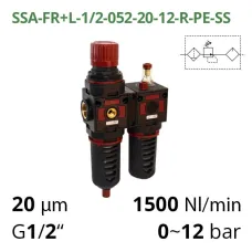 Блок підготовки повітря 1/2", 1500 л/хв, 12 бар, 5мкм - 20мкм Aircomp (серія 052) SSA-FR+L-1/2-052-20-12-R-PE-SS