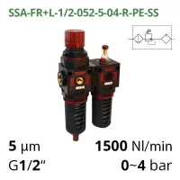 Блок підготовки повітря 1/2", 1500 л/хв, 12 бар, 5мкм - 20мкм Aircomp (серія 052) SSA-FR+L-1/2-052-5-04-R-PE-SS