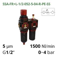 Блок підготовки повітря 1/2", 1500 л/хв, 12 бар, 5мкм - 20мкм Aircomp (серія 052) SSA-FR+L-1/2-052-5-04-R-PE-SS