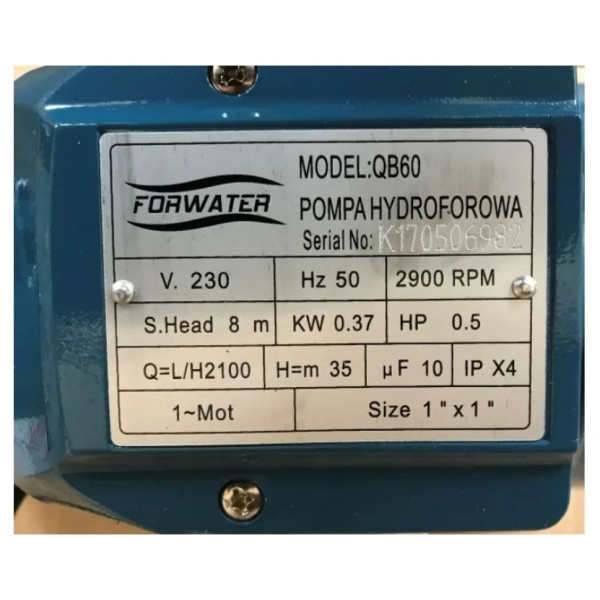 Насос поверхневий вихровий FORWATER QB 60  0,37кВт 35м 2,1м3/год