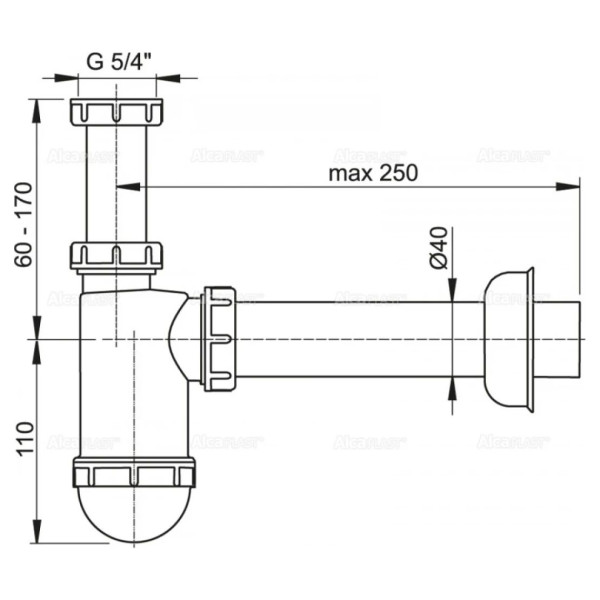 Сифон для умивальника ALCAPLAST d40 з накидною гайкою 5/4"
