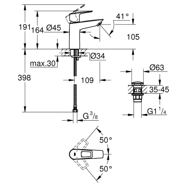 Змішувач для умивальника GROHE BauLoop New M-Size з донним клапаном
