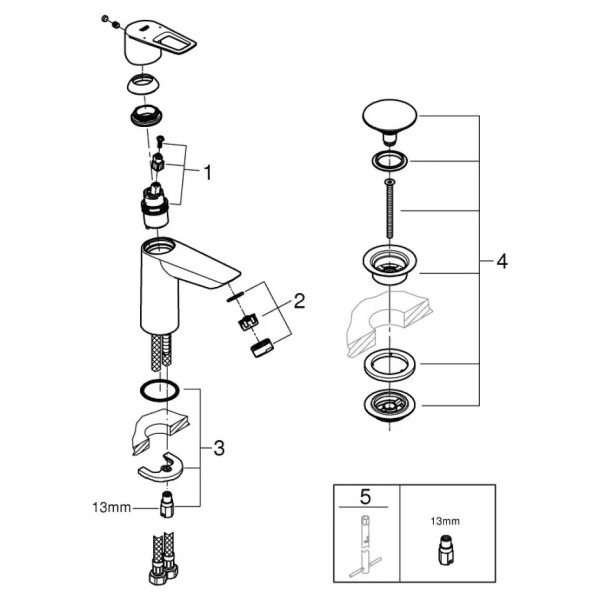 Змішувач для умивальника GROHE BauLoop New M-Size з донним клапаном
