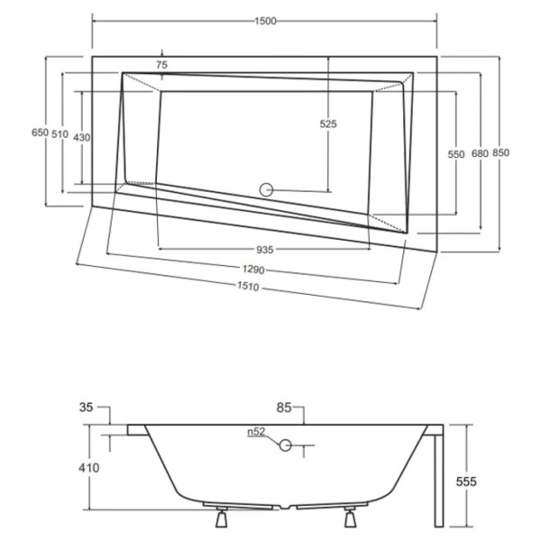 Ванна акрилова BESCO INTIMA 150х85 R соло б/н