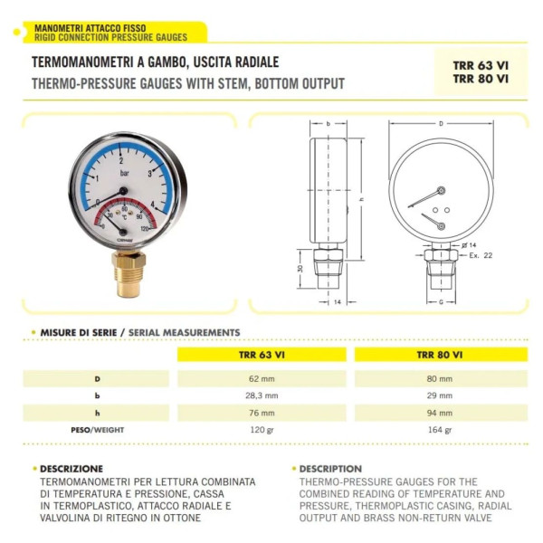 Термоманометр радіальний CEWAL TRP 80 VI 1/2" 0-4 бар/0-120°С